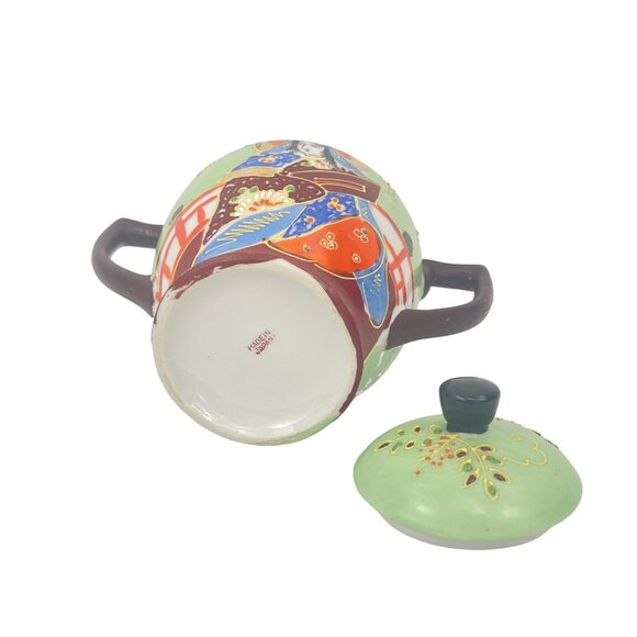 Vintage Satsuma Hand Painted Japanese Immortals Sugar Bowl with Handles and Lid - Picture 8 of 11